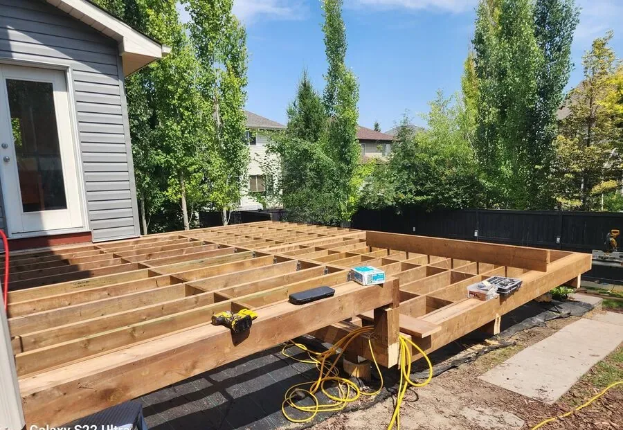 Deck framing with joists and beams photographed before the surface boards were installed