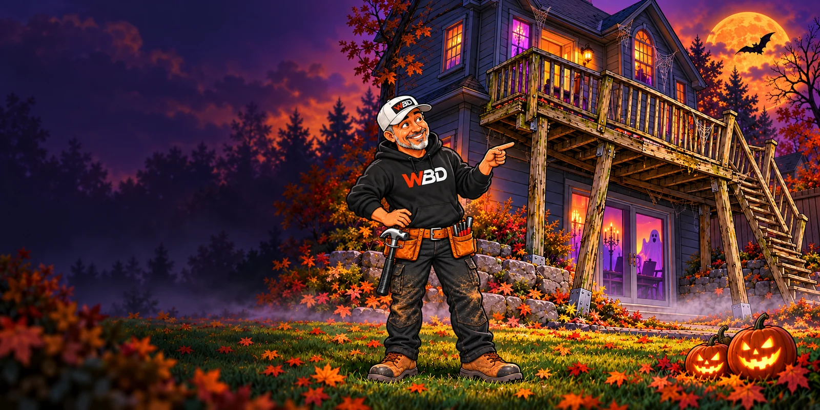 Fictional Halloween illustration: cartoon Joey points at a crooked elevated deck beside a haunted house, with pumpkins and a friendly ghost.
